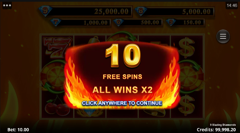 9 Blazing Diamonds Free Spins