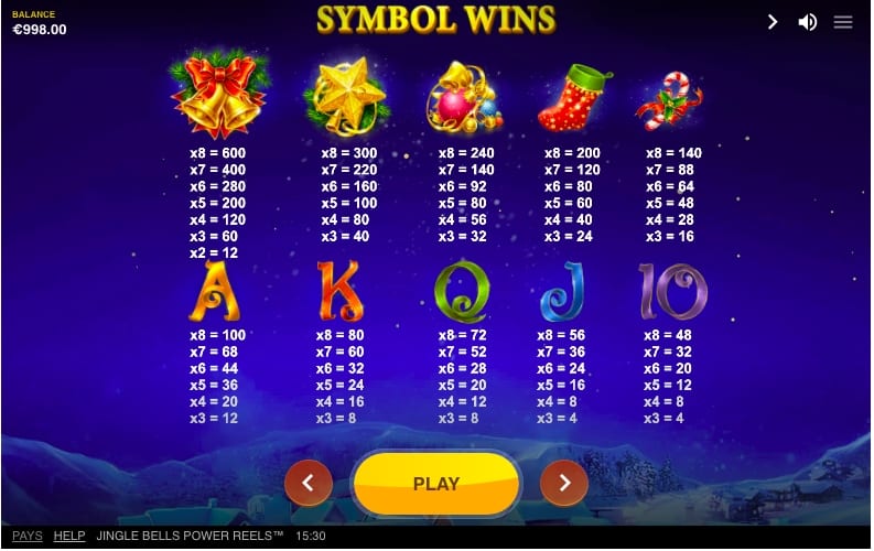 Jingle Bells Power Reels Paytable