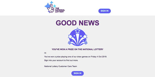 "You've Won A Prize On The National Lottery" Email