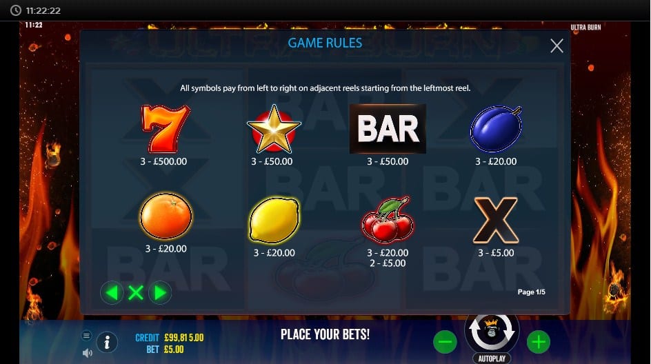 Ultra Burn Slot Paytable