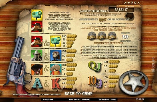 Jackpot Rango online slots game paytable info