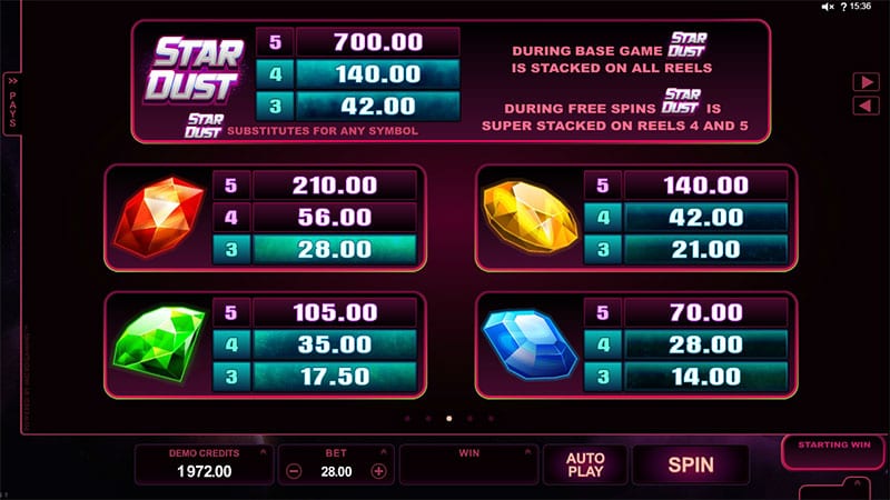 Stardust online slots game paytable info