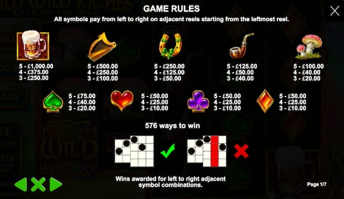 Wild Wild Riches Slots Paytable