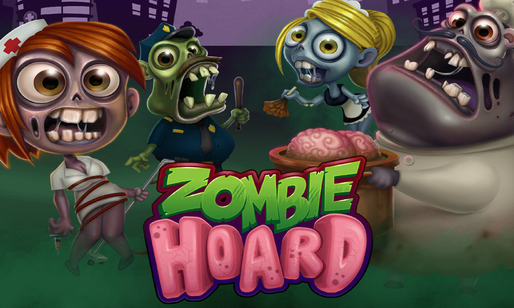 Four zombies, one a nurse, a policeman, maid and chef behind the Zombie Hoard text logo