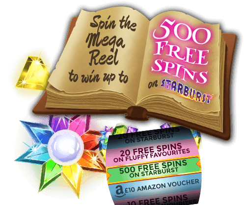 Spin the Mega Reel to win up to 500 Free Spins on Starburst
